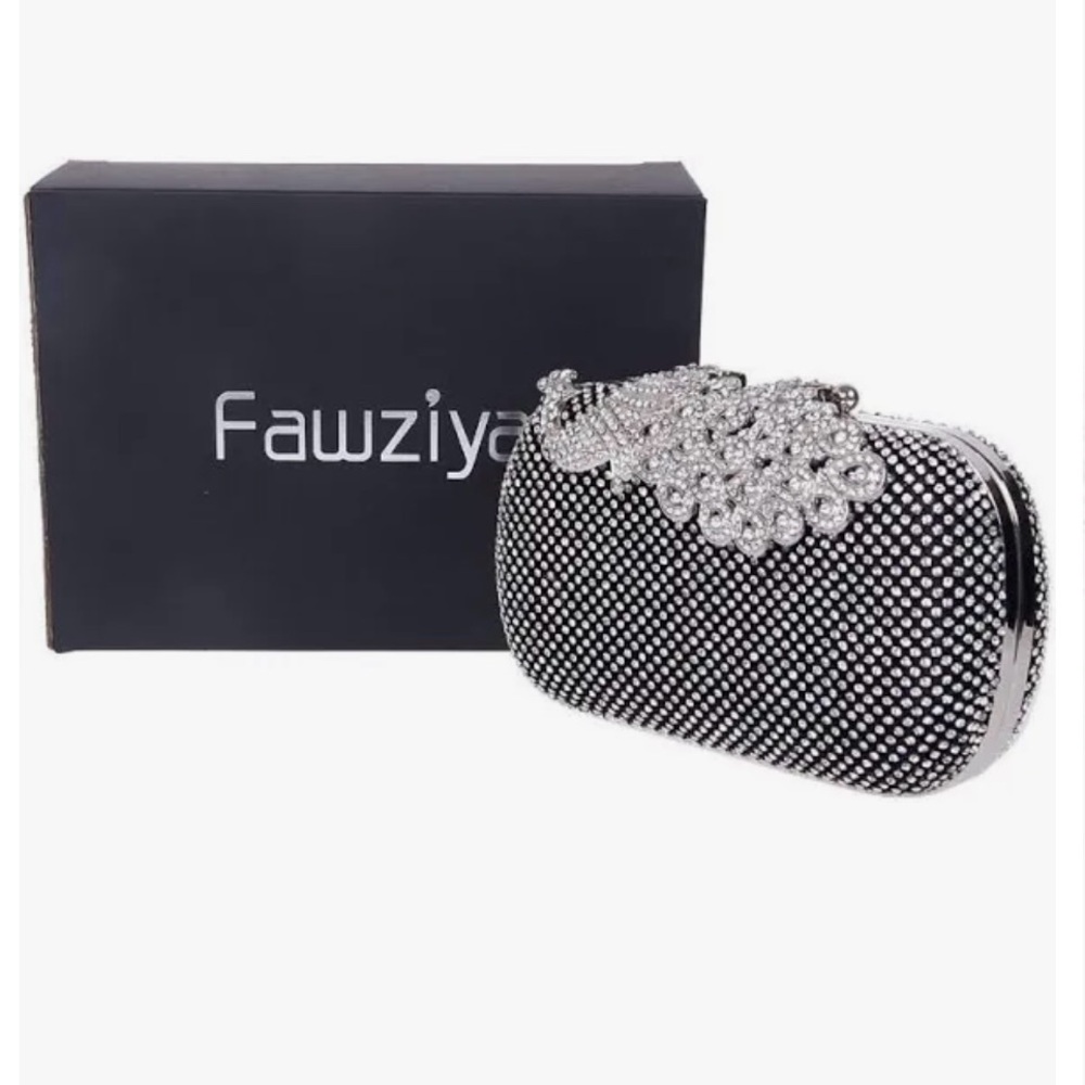 Fawziya crystal clutch, 3 way wear peacock themed, NEW, silver.